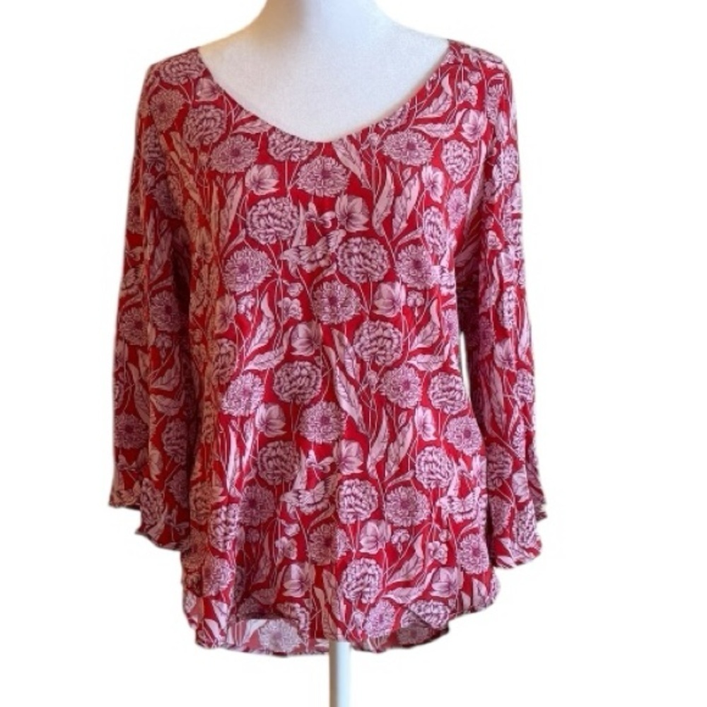 Ecru Red Floral Print Boho Blouse Top Women’s Size Small